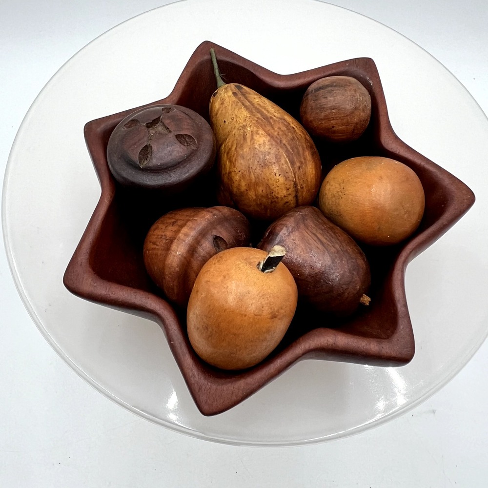 MCM Hand Carved Genuine Mahagony Wooden Bowl and Wooden Nuts Made in Haiti